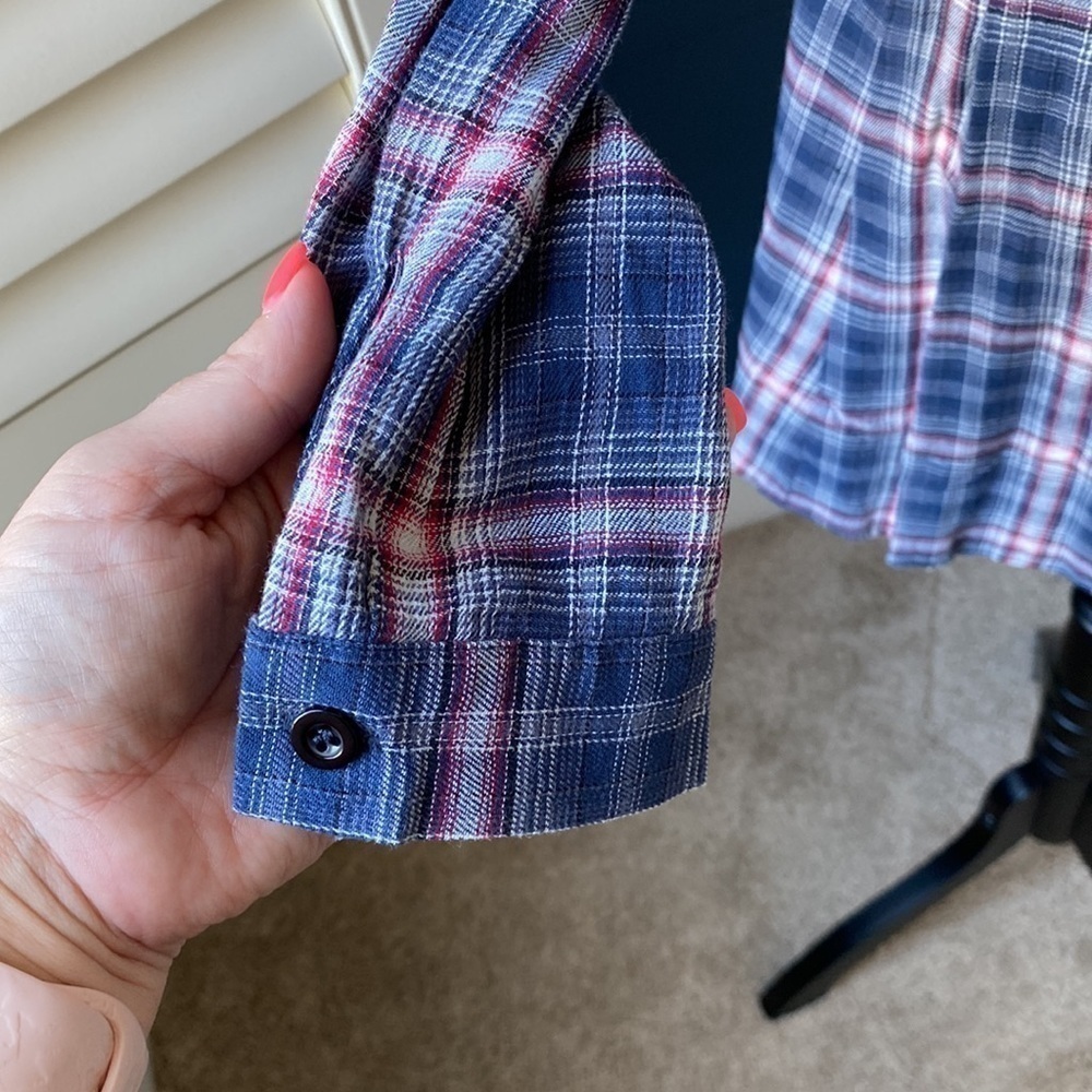 PINK LILY Plaid Elastic Waist Dress Button Down Long Sleeve Navy Red Blue - Picture 5 of 15